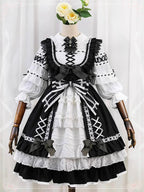 Sweet Lolita Black White Sleeveless Layer Ruffle Bow Lace JSK Dress