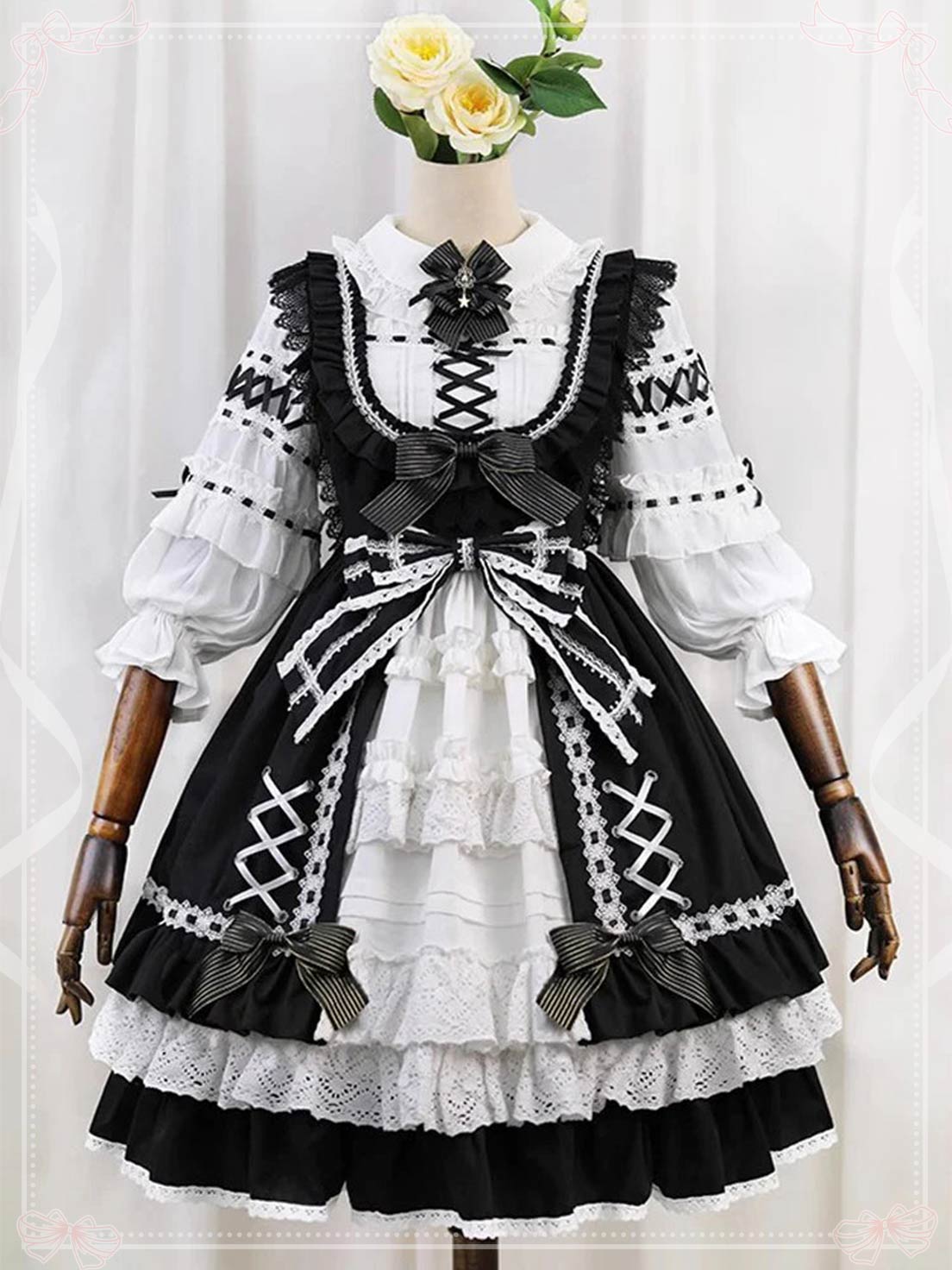 Sweet Lolita Black White Sleeveless Layer Ruffle Bow Lace JSK Dress