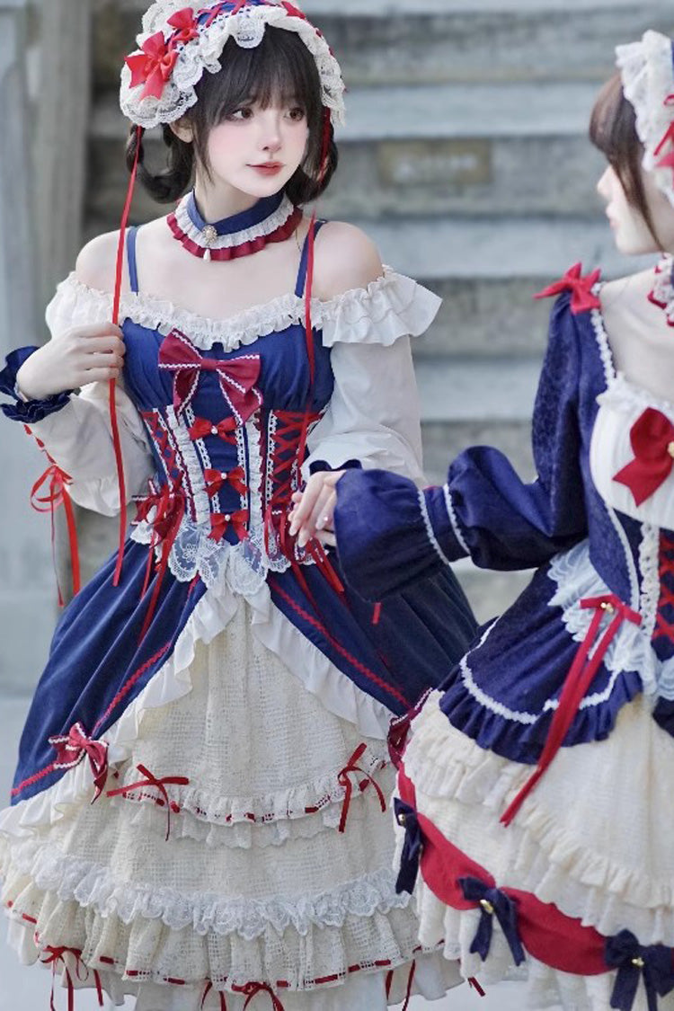 White/Blue Snow White Love Song Ruffle Cardigan Bowknot Long Sweet Lolita Dress