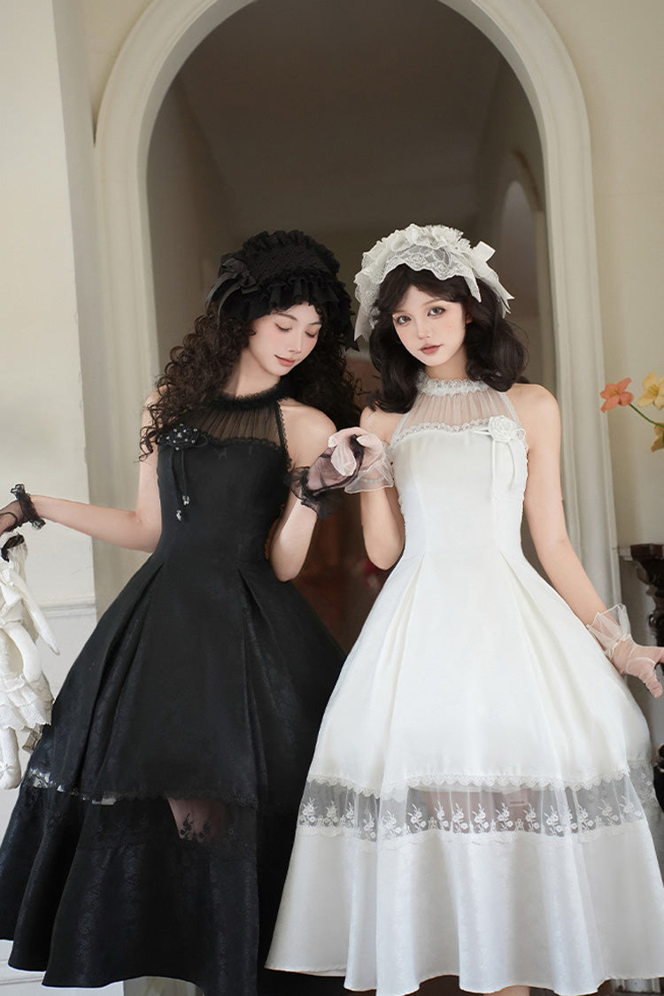 White Flowers in the Mist Off Shoulder Halterneck Print Ruffle Gothic Elegant Lolita Dress