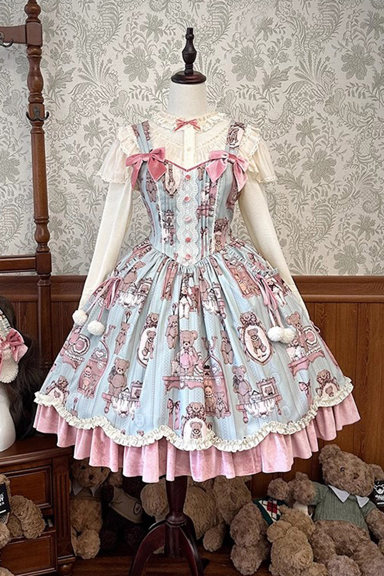 Pink/Green Bear Doll Wall Print Ruffle Embroidery Bowknot Sweet Lolita Jsk Dress