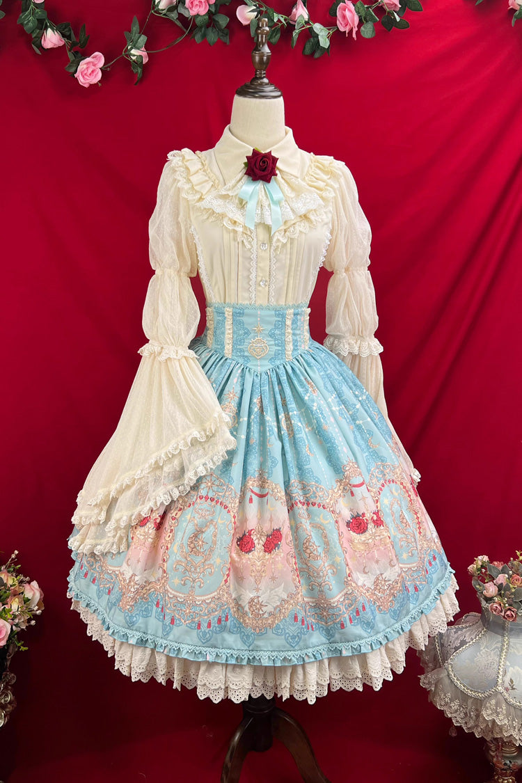 Blue Moonlit Garden Secret Print Ruffle Embroidery Lace Sweet Elegant Palace Lolita Skirt