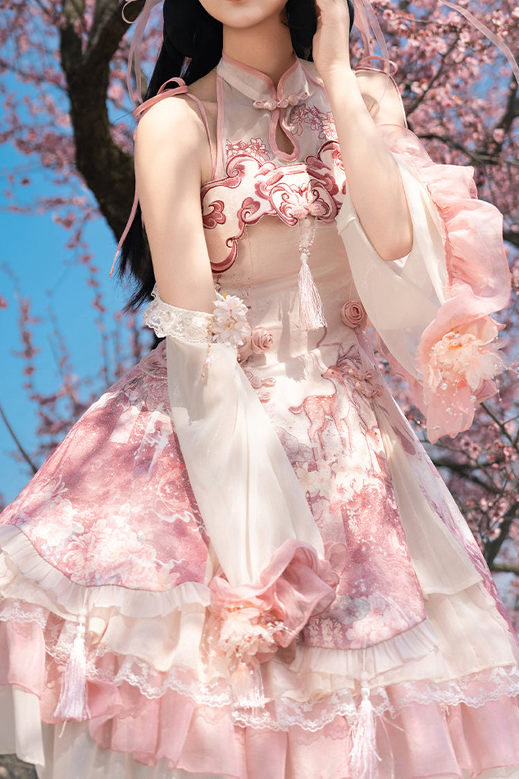Pink Flower Feast Multi-Layered Print Ruffle Bowknot Sweet Chinese Style Lolita Jsk Dress