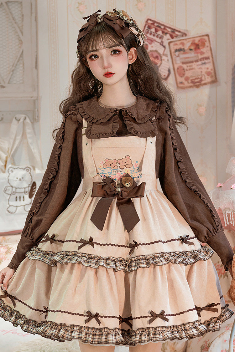 Khaki Cute Bear Embroidery Print Sleeveless Double-Layered Ruffle Bowknot Sweet Lolita Jsk Dress