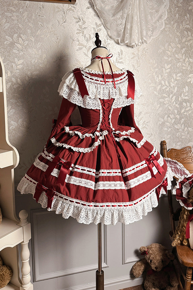Wine Red Rabbit Sleeping Doll Long Trumpet Sleeves Ruffle Bowknot Lace Sweet Lolita Dress