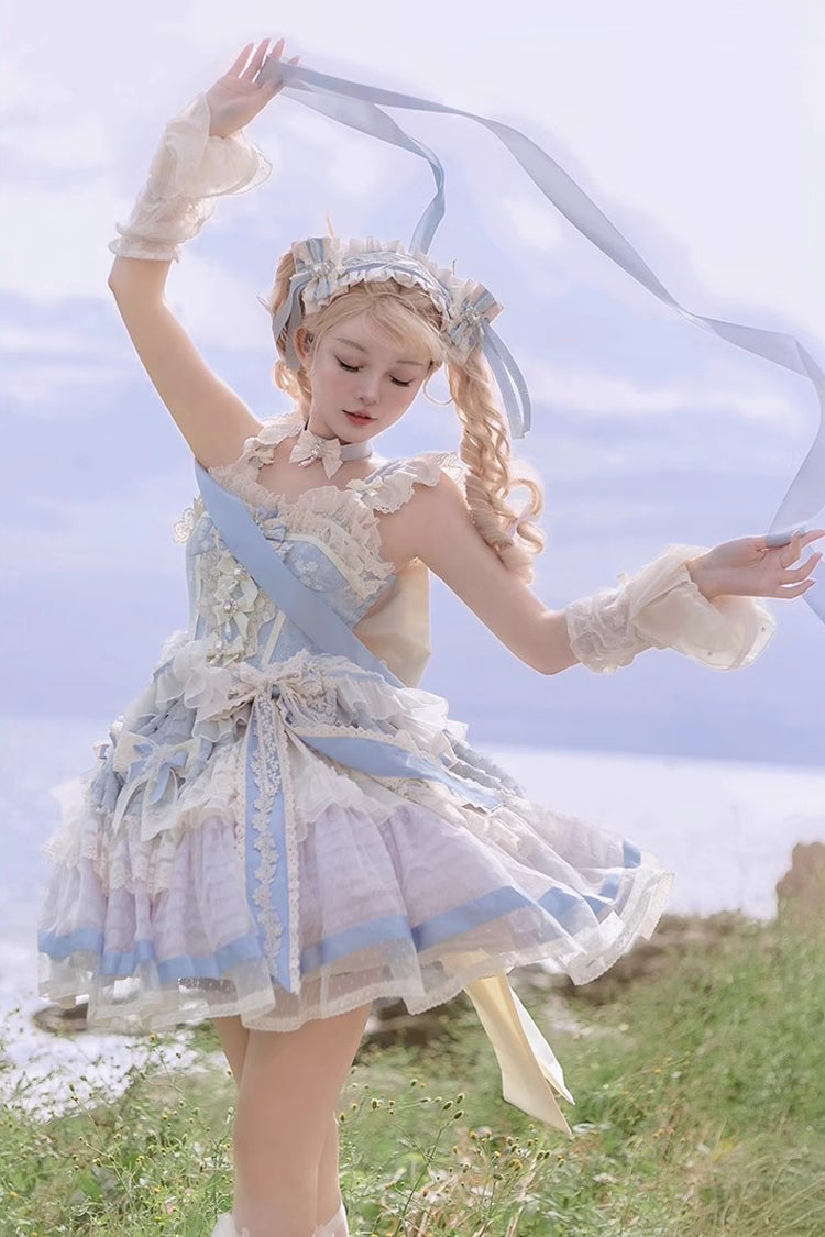 Blue Moonstone Sleeveless Ruffle Embroidery Bowknot Lace Fishbone Sweet Princess Lolita Dress
