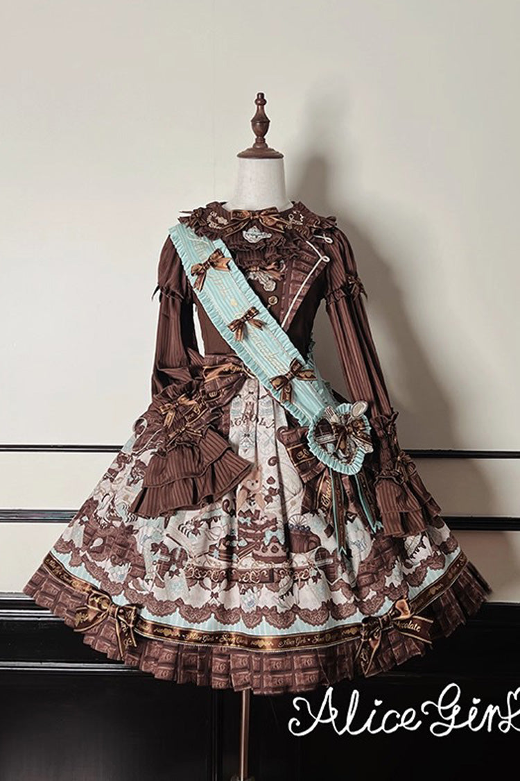 Brown Teddy Bear Chocolate Sleeveless Print Ruffle Bowknot Sweet Lolita Jsk Dress