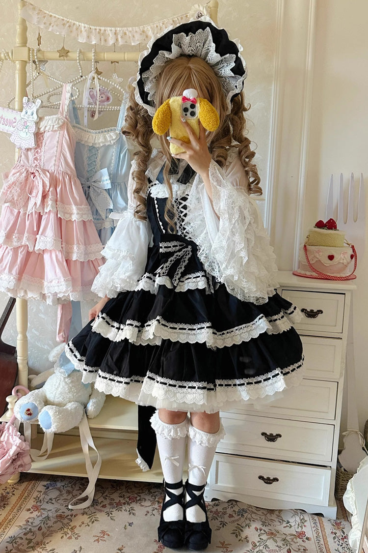 Black Maiden Heart Triple-Layered Ruffle Bowknot Lace Sweet Lolita Jsk Dress
