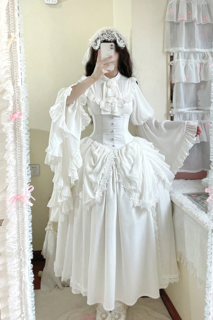 White Sleepwalking Long Hime Sleeves Stitching Lace Plus Size Gothic Elegant Lolita Skirt Set