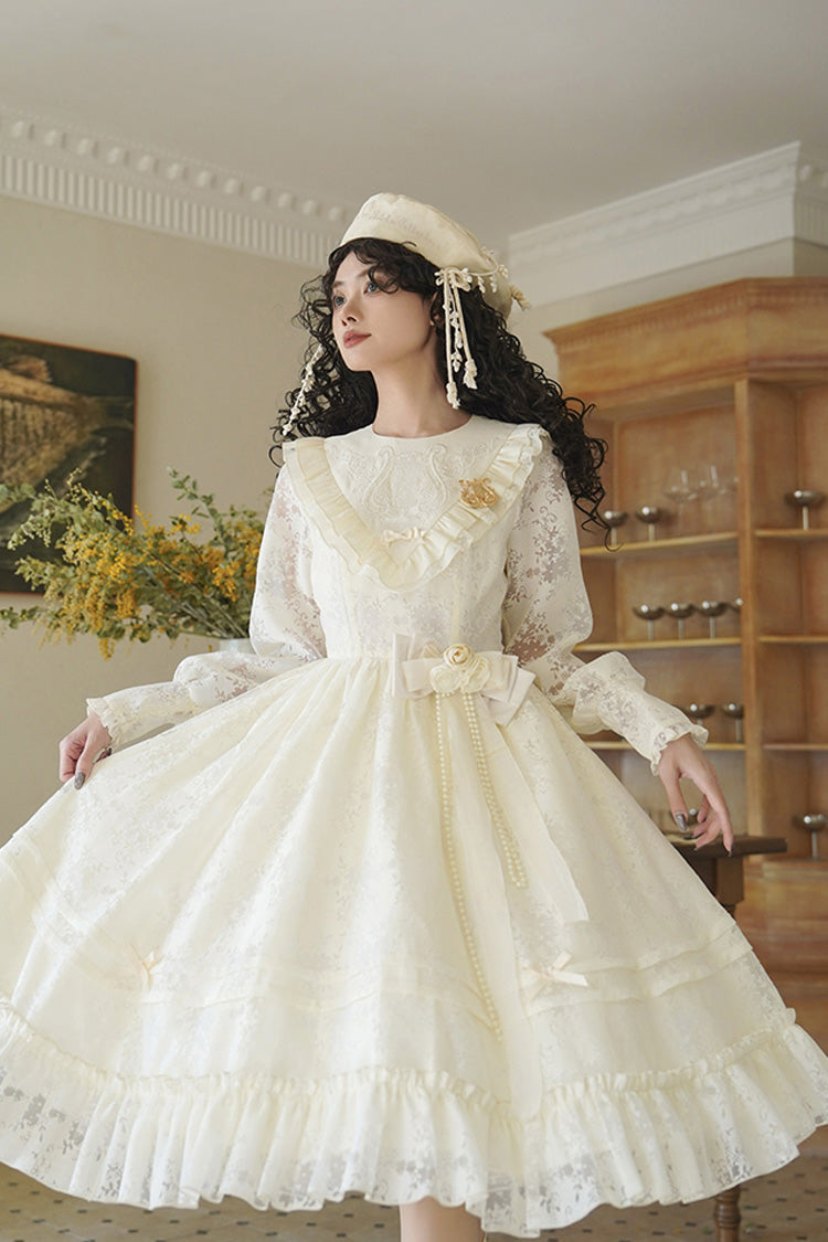 Ivory Flower Sound Long Sleeves Ruffle Cardigan Bowknot Lace Sweet Lolita Dress