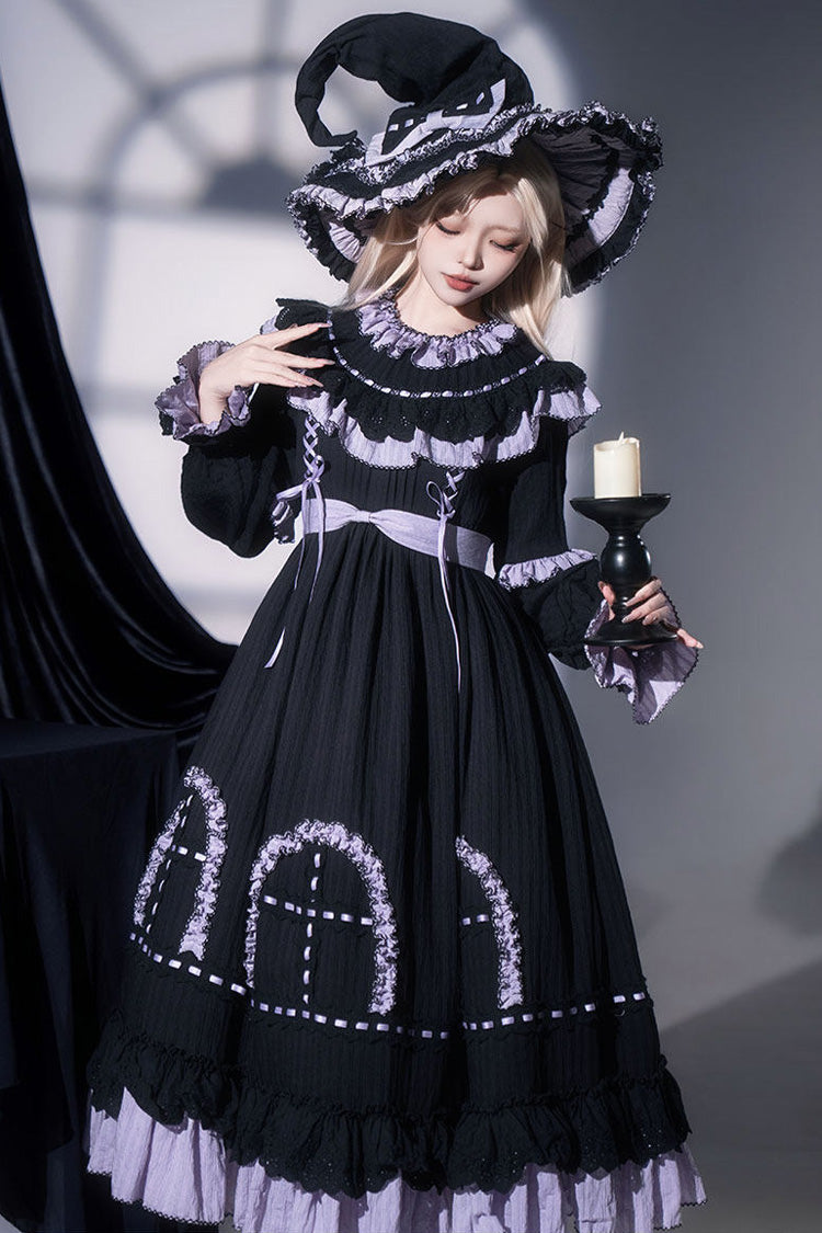 Black Twin Lilian Round Collar Long Sleeves Double-Layered Ruffled Bow Lace-Up Gothic Lolita Dress