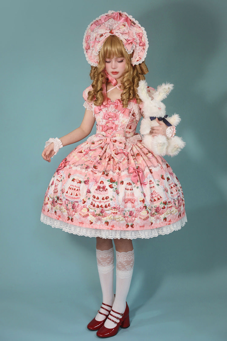 Strawberry Cake Bouquet Print Square Collar Short Sleeves Bowknot Lace Sweet Lolita Dress 3 Colors