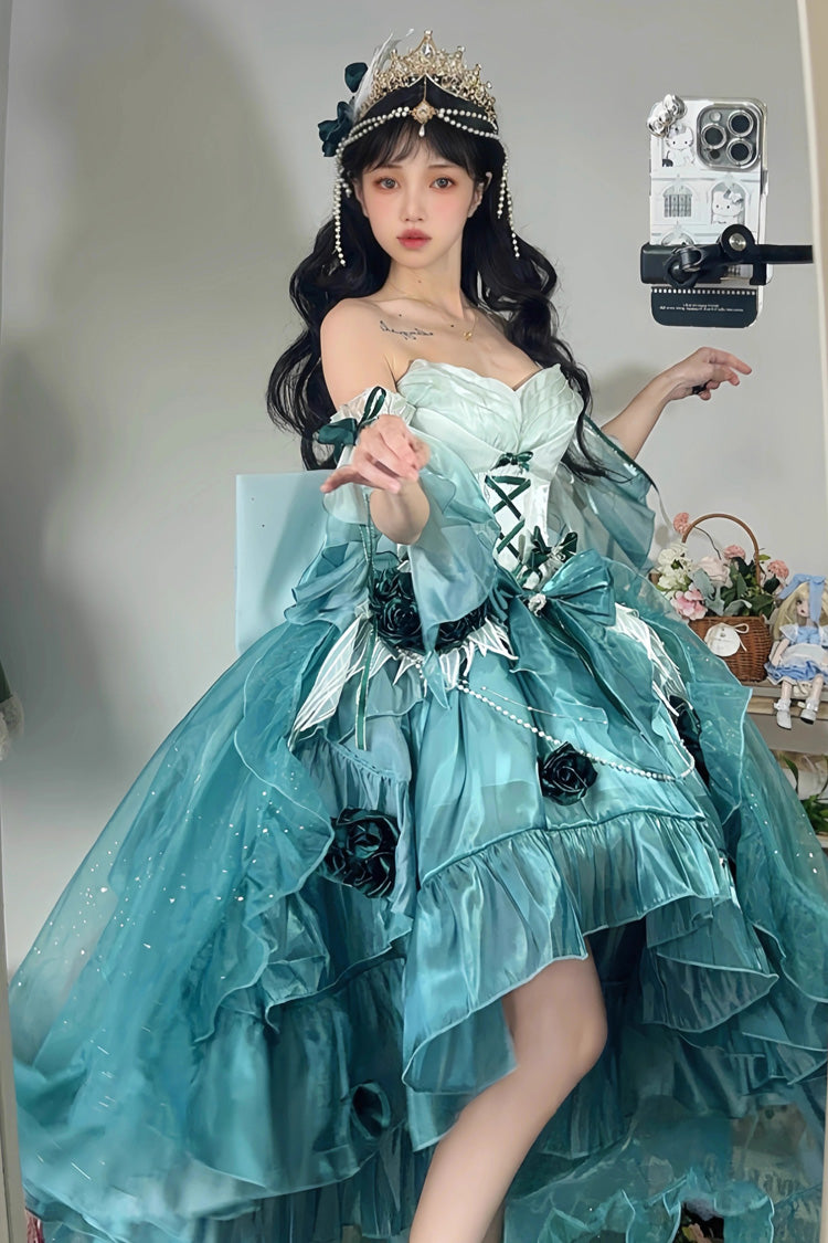 Amber Green Swan Wonderland Embroidery Bowknot Lace-Up Short Front Long Back Irregular Sweet Ballet Lolita Jsk Dress