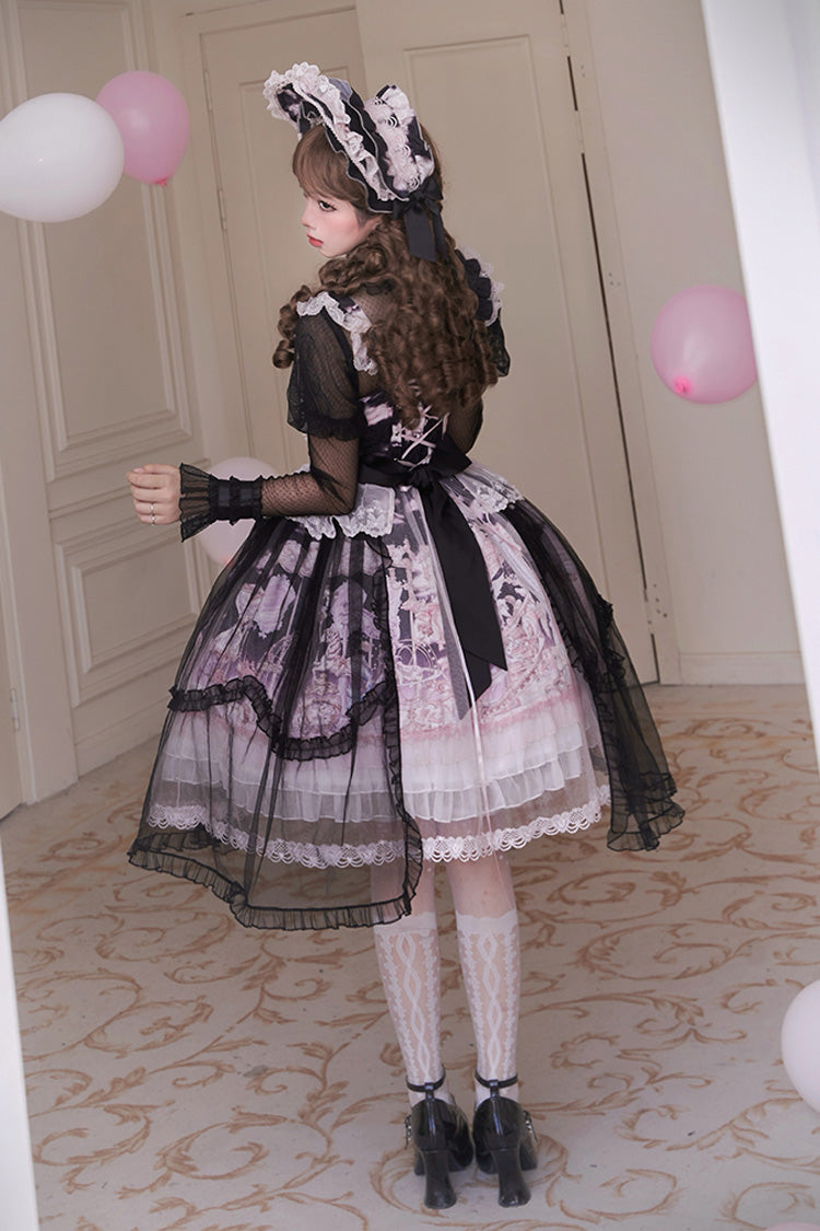 Black/Pink Pegasus Park Multi-Layered Print Ruffle Bowknot Lace Sweet Gorgeous Lolita Jsk Dress
