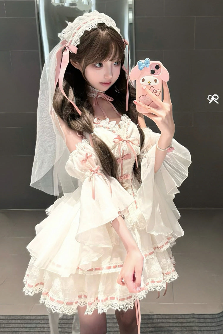White Little Love Song Detachable Trumpet Sleeves Ruffle Bowknot Lace Sweet Lolita Top Skirt Set
