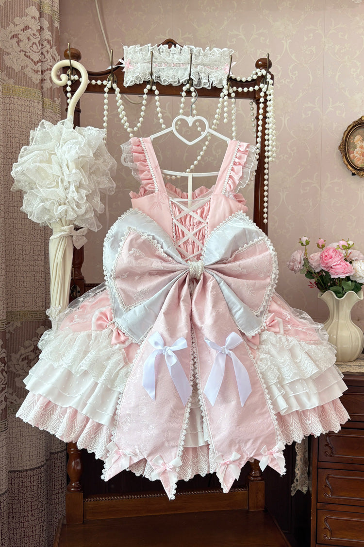 Pink Sleeveless Triple-Layered Ruffle Embroidery Bowknot Lace-Up Pearl Sweet Plus Size Lolita Jsk Dress