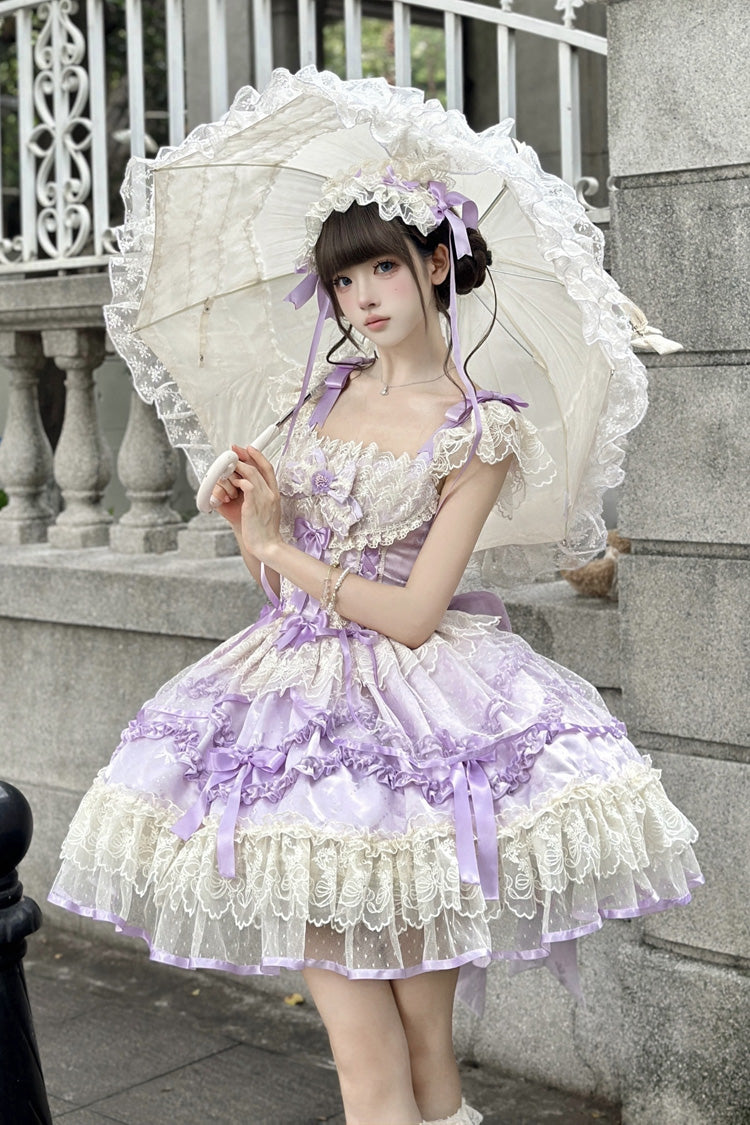 Purple Dreaming Butterfly Multi-Layered Jacquard Ruffle Bowknot Lace Sweet Princess Lolita Jsk Dress