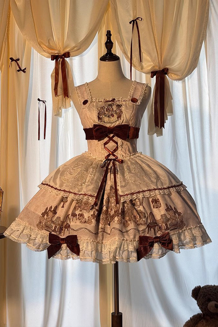 Castle Bear Sleeveless Print Ruffle Bowknot Lace Sweet Lolita Jsk Dress 4 Colors