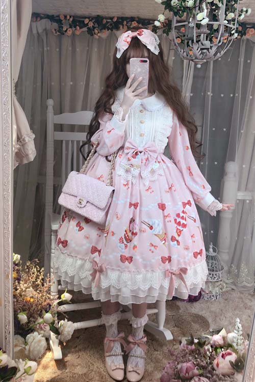 Pink Strawberry Print Doll Collar Long Sleeve Lace Sweet Lolita OP Dress