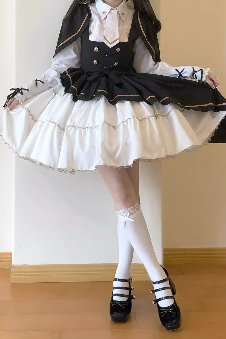 Black/White Commander Long Sleeves Ruffle Bowknot Irregular Sweet Lolita Dress Coat Cloak Set