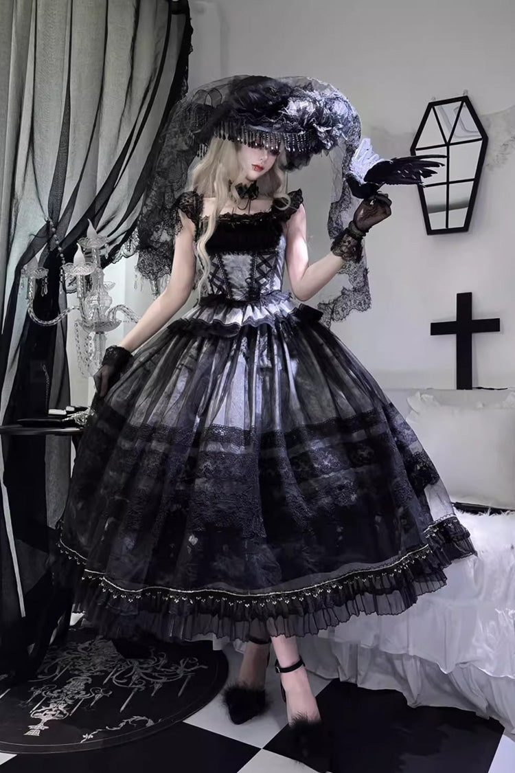 Grey/Blue Mist-shrouded Vineyard Sleeveless Ruffle Bowknot Lace-Up Sweet Lolita Jsk Skirt Dress Set