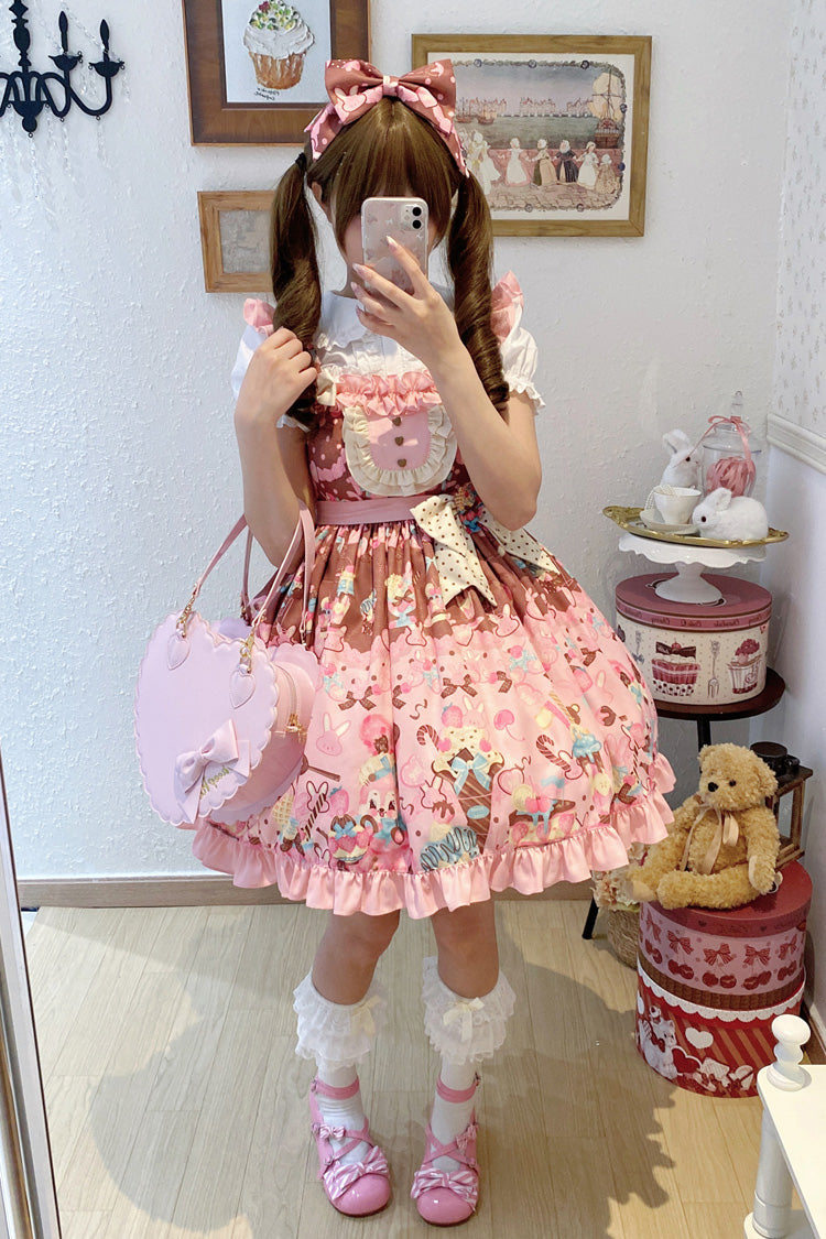 Pink Bunny Tea Party Sleeveless Print Ruffle Bowknot Daily Sweet Lolita Jsk Dress