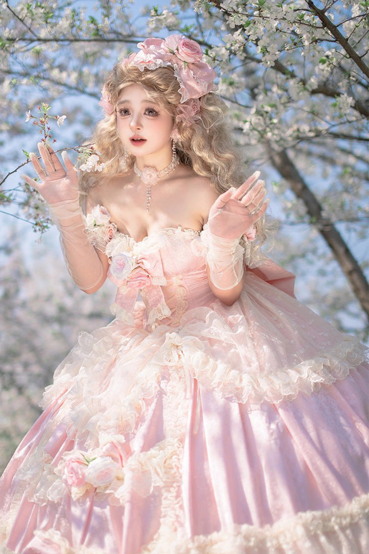 Pink Love and Roses Ruffle Hanayome Bowknot Lace Sweet Princess Lolita Jsk Dress