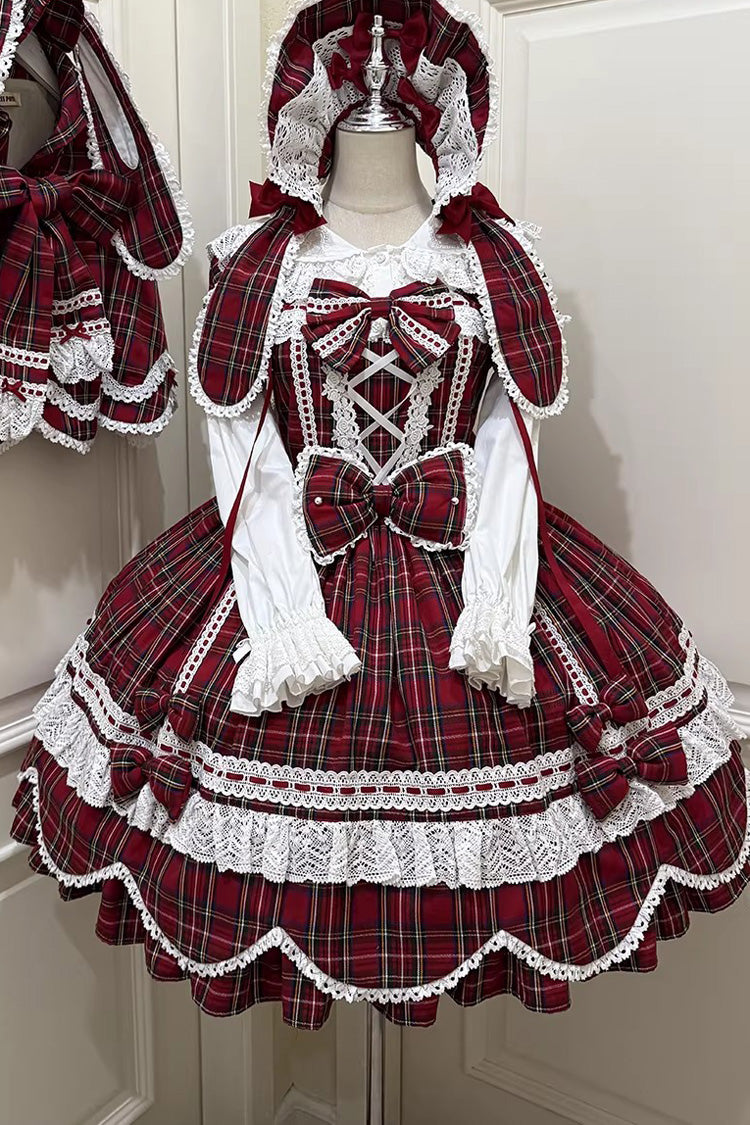 Red Gingham Petal Bunny Short Sleeves Printed Ruffled Bow Sweet Lolita OP Dress