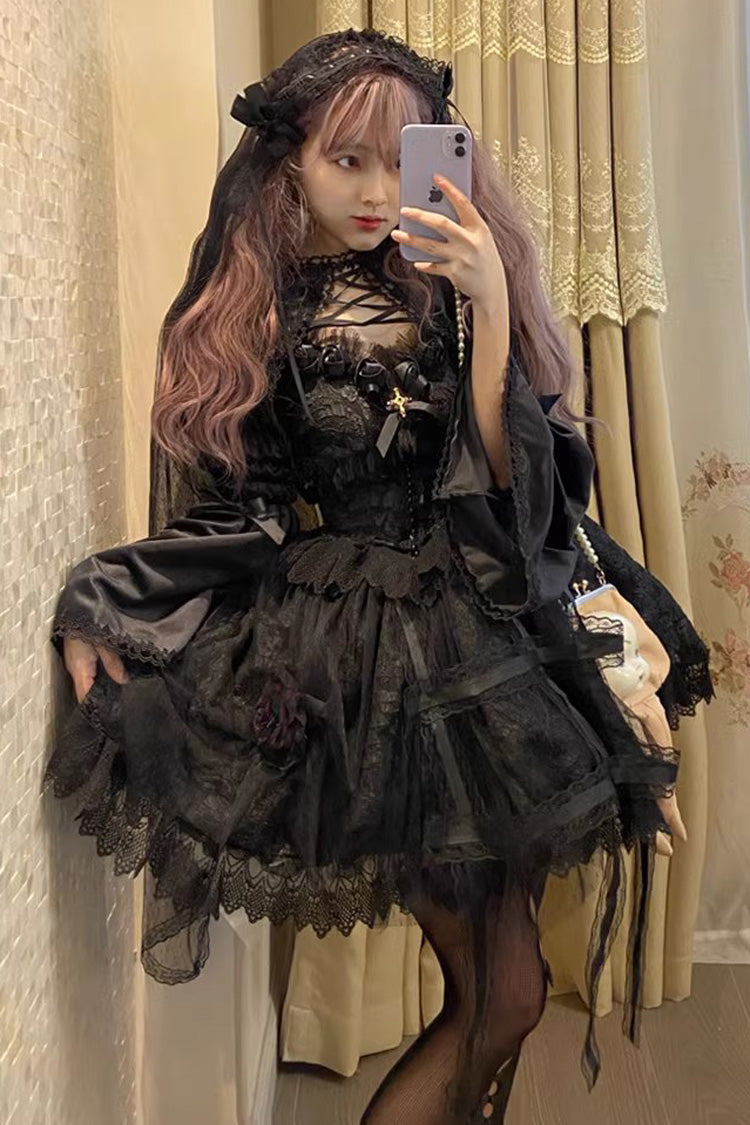 Black Rose Cage Ruffle Bowknot Lace Mesh Gothic Elegant Lolita Jsk Dress