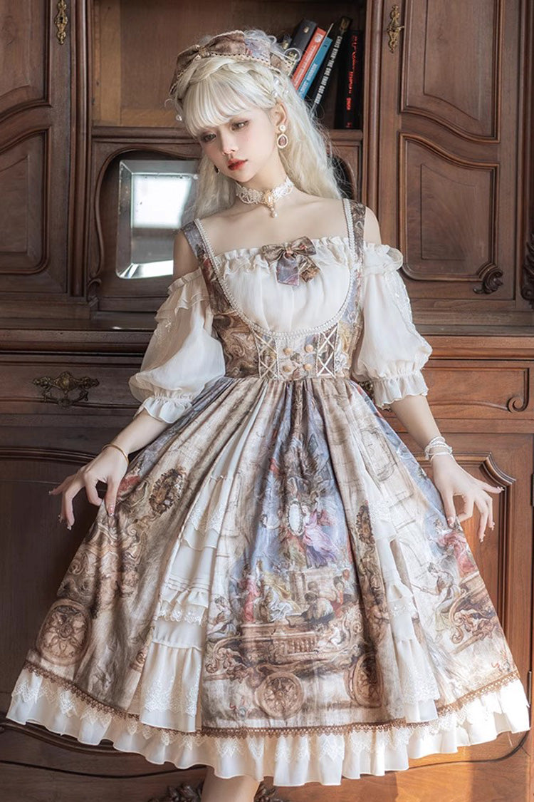 Brown Cloria Oil Painting Print Bowknot Lace Sweet Elegant Palace Lolita Jsk Dress