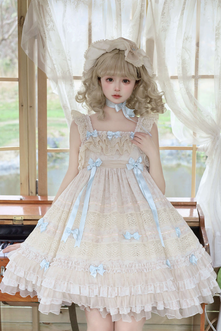 Beige Little Wind Chime Sleeveless Multi-Layered Printed Ruffled Bow Lace Sweet Elegant Princess Lolita Jsk Dress