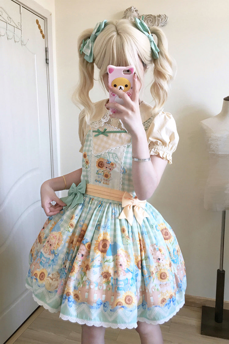Kawaii Bears Sunflower Print Multi-Color Bowknot Sweet Lolita Strap Dress