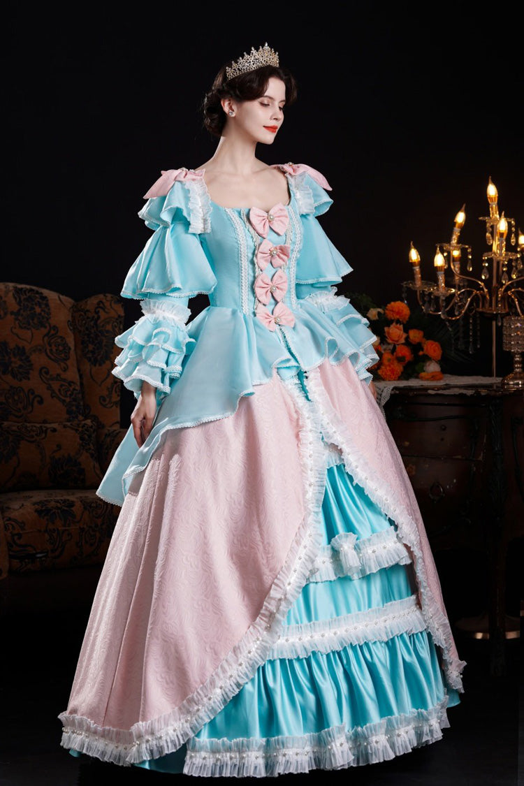 Blue/Pink Square Collar Long Trumpet Sleeves Triple-Layered Ruffled Open-Front Bow Classic Vintage Palace Lolita Victorian Dress