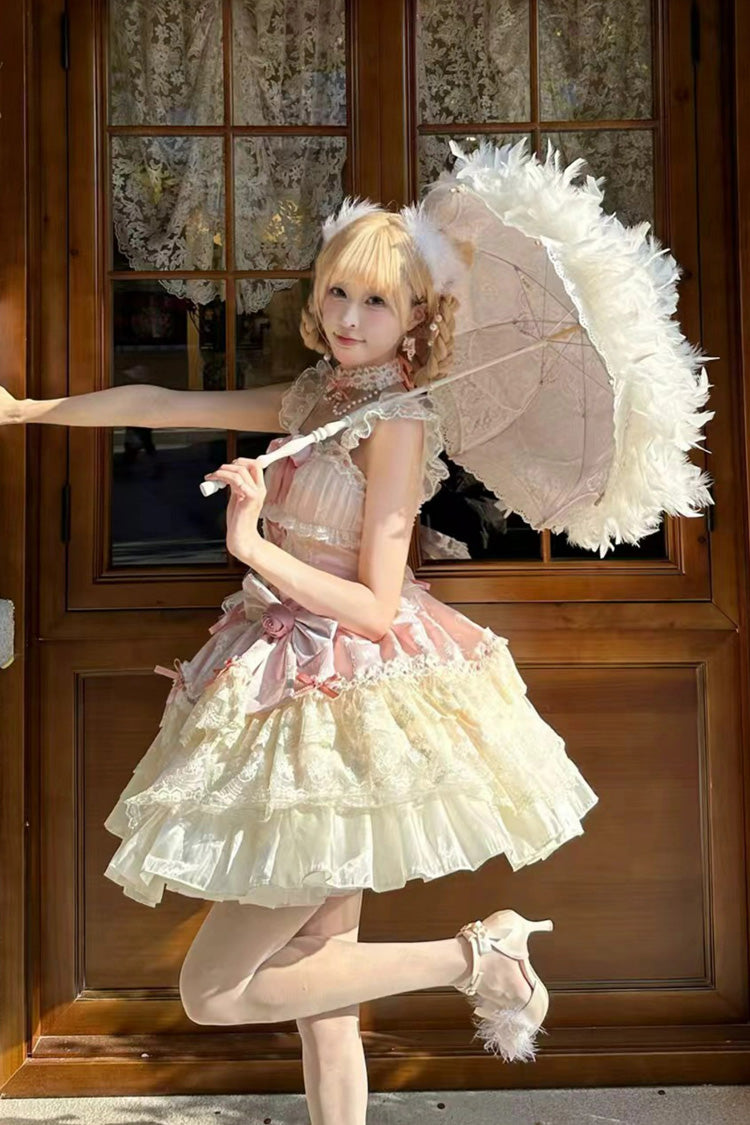Pink Rose Canticle Sleeveless Multi-Layered Bowknot Lace Lace-Up Pearl Ballet Sweet Lolita Jsk Dress
