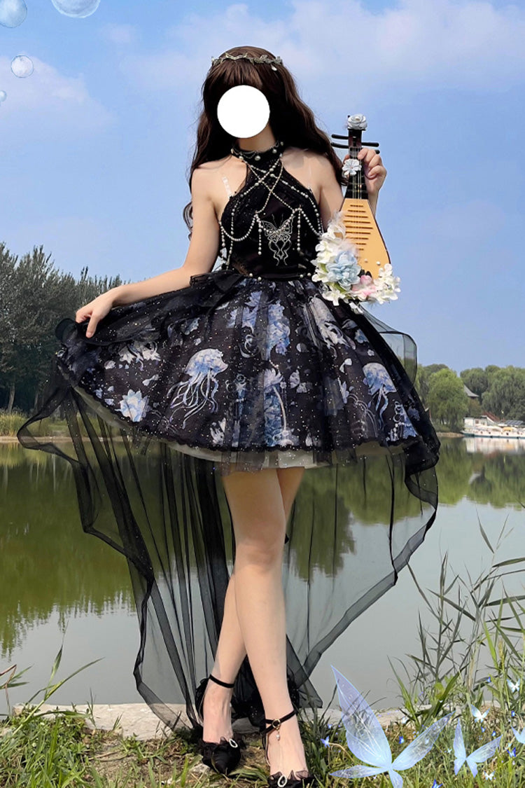Blue Deep Sea Jellyfish Halterneck Sleeveless Print Embroidery Bowknot Lace Sweet Elegant Lolita Jsk Dress