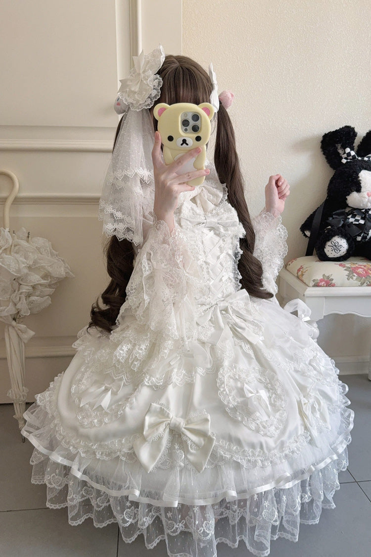 White Sweetheart Sleeveless Multi-Layered Embroidered Bow Lace Lace-Up Sweet Lolita Jsk Dress