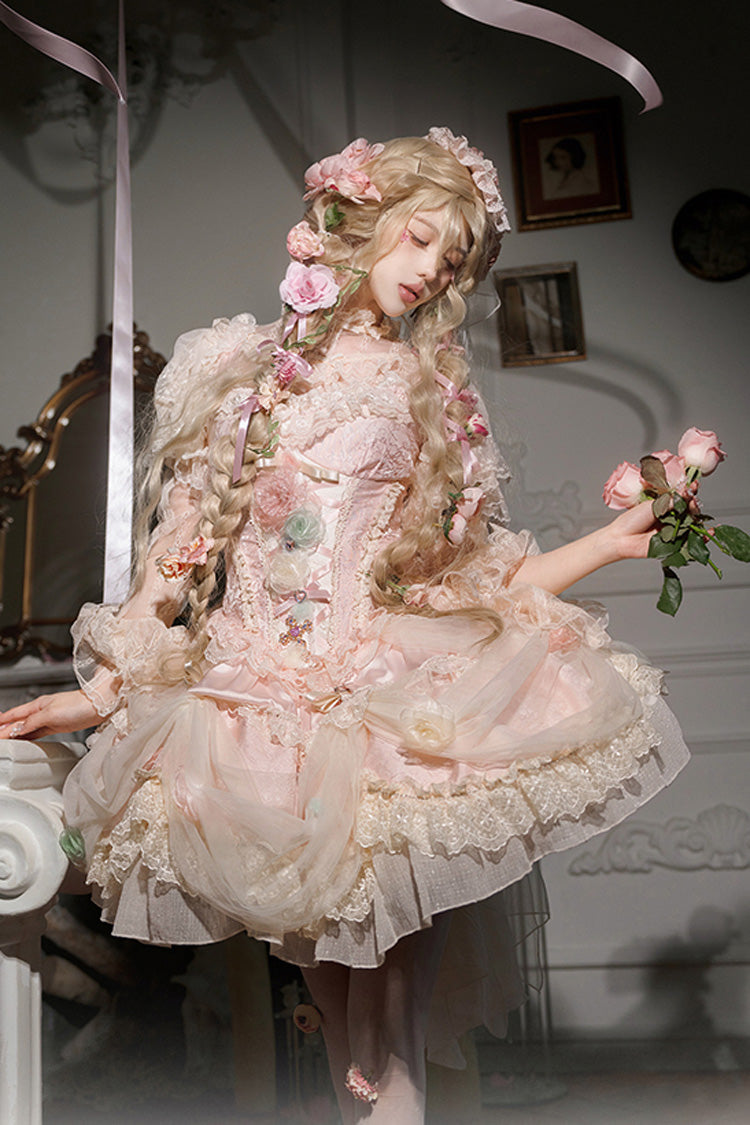 Pink Dream Garden Ruffle Hanayome Embroidery Bowknot Lace Fishbone Sweet Princess Gorgeous Lolita Jsk Dress