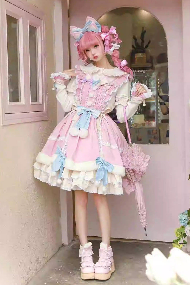 White/Pink Little Fox Multi-layer Ruffle Bowknot Long Sleeves Sweet Lolita Dress