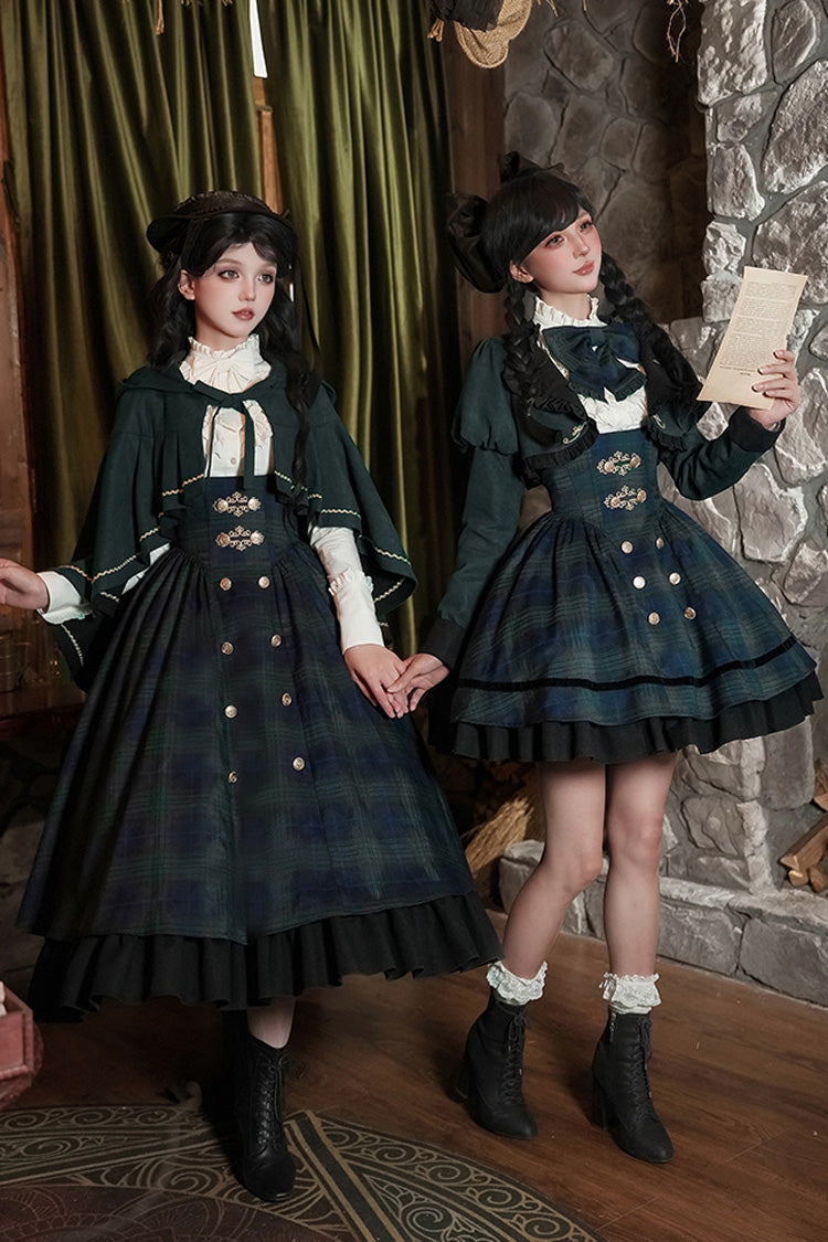 Blue/Green Berlin's letter Double-Layered Plaid Print Ruffle Bowknot Classic College Style Lolita Strap Dress Set 2 Versions