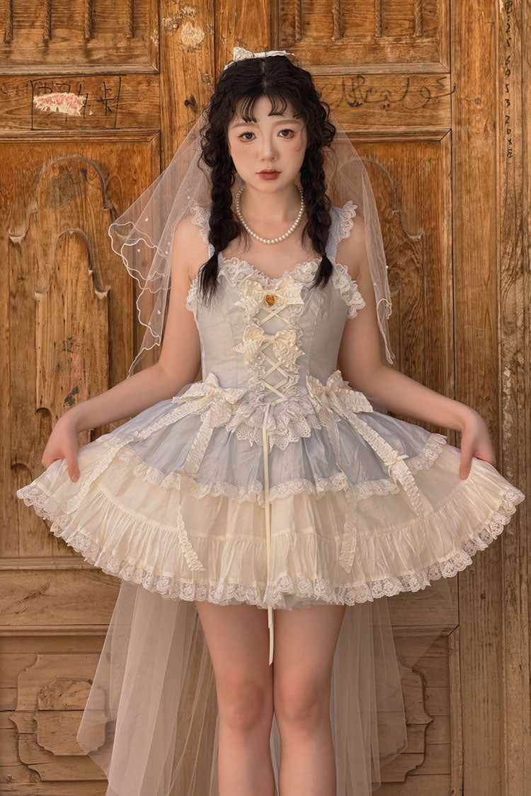 Blue Sweetheart Splolita Ruffle Bowknot Lace-Up Sweet Lolita Skirt Set