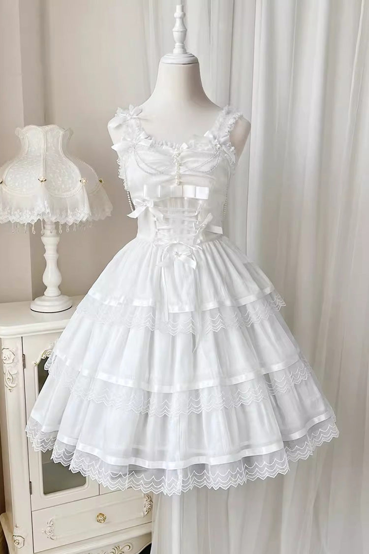 White Sleeveless Multi-layer Ruffle Bowknot Sweet Princess Lolita Jsk Dress