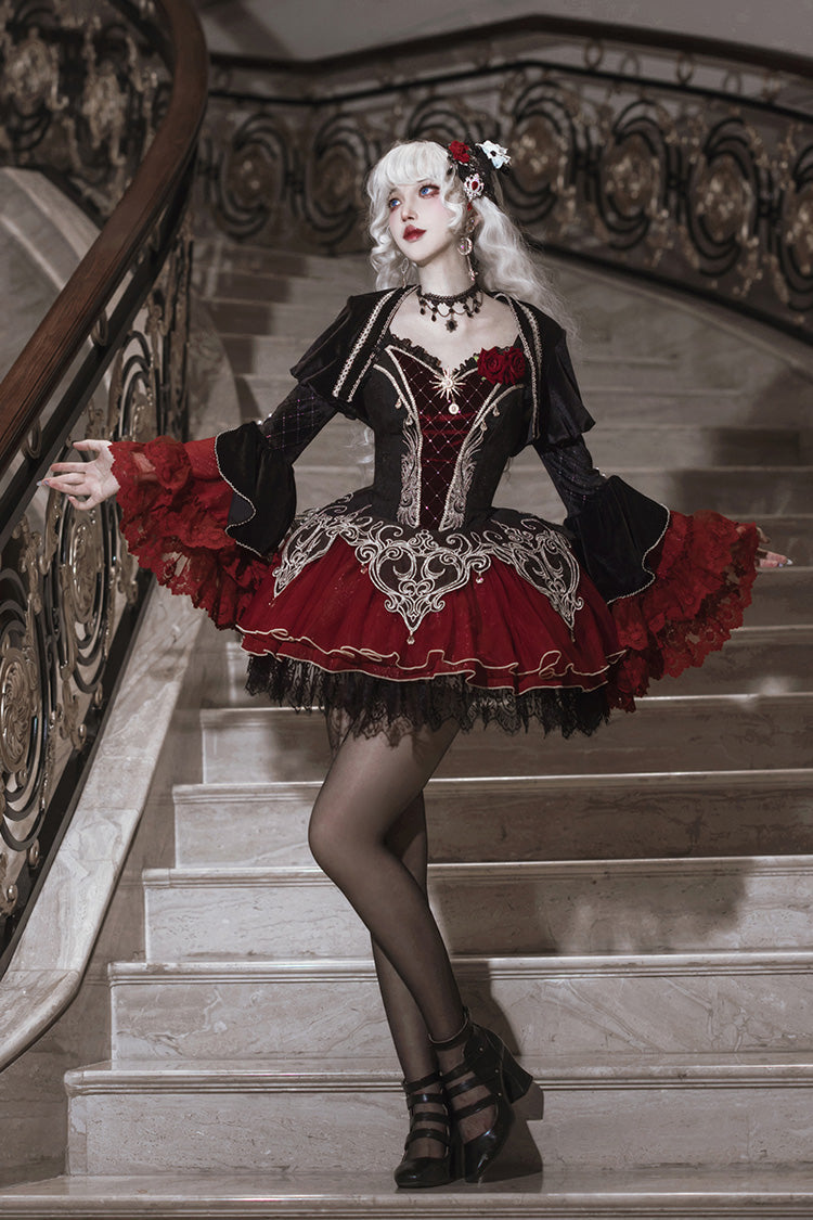 Black/Red Blood Clan Feast Ruffle Embroidery Lace Gothic Lolita Jsk Dress Set