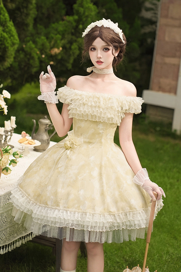 Yellow Falling Flowers as a Message Square Collar Flying Sleeves Print Ruffle Lace Sweet Elegant Lolita Short Dress