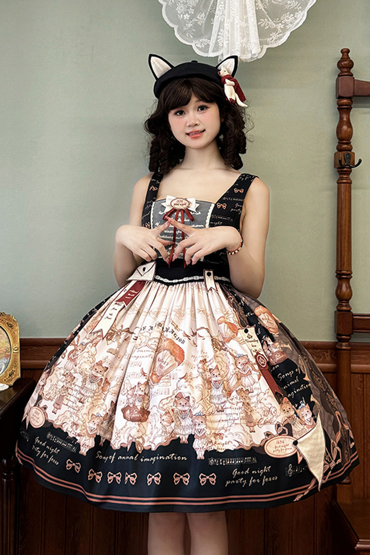 Black Fox Band Print Square Collar Bowknot Classic Lolita Jumper Dress