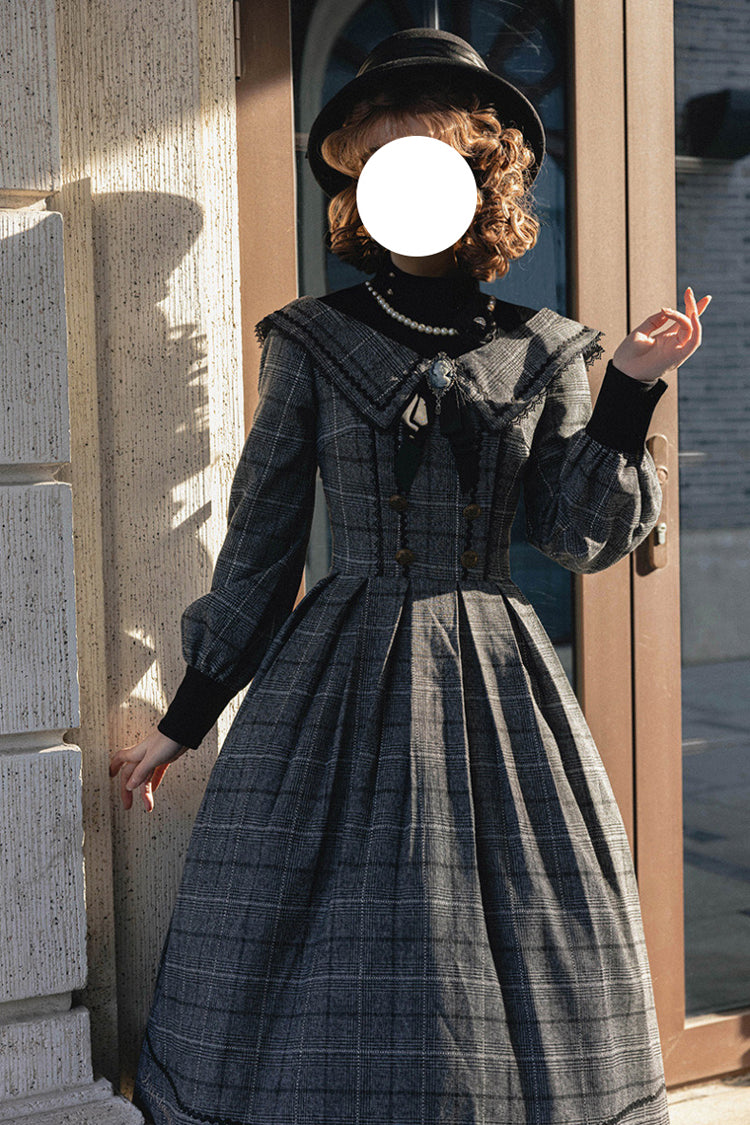 Grey Fontainebleau Long Sleeves Plaid Print Bowknot Elegant Sweet Lolita Dress