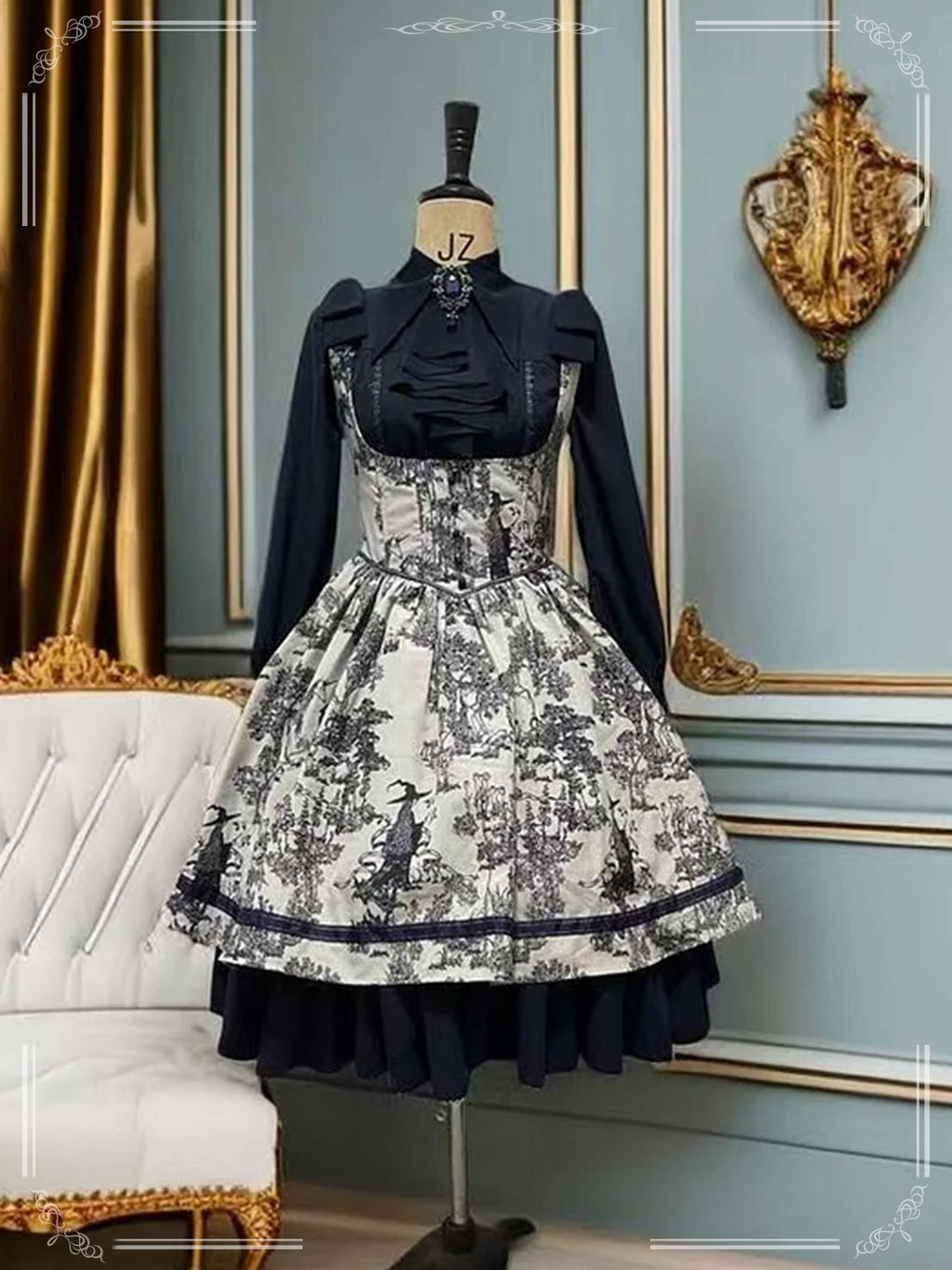 Classic Lolita Dress Toile Print JSK & Blouse - Vintage Navy Blue Palette