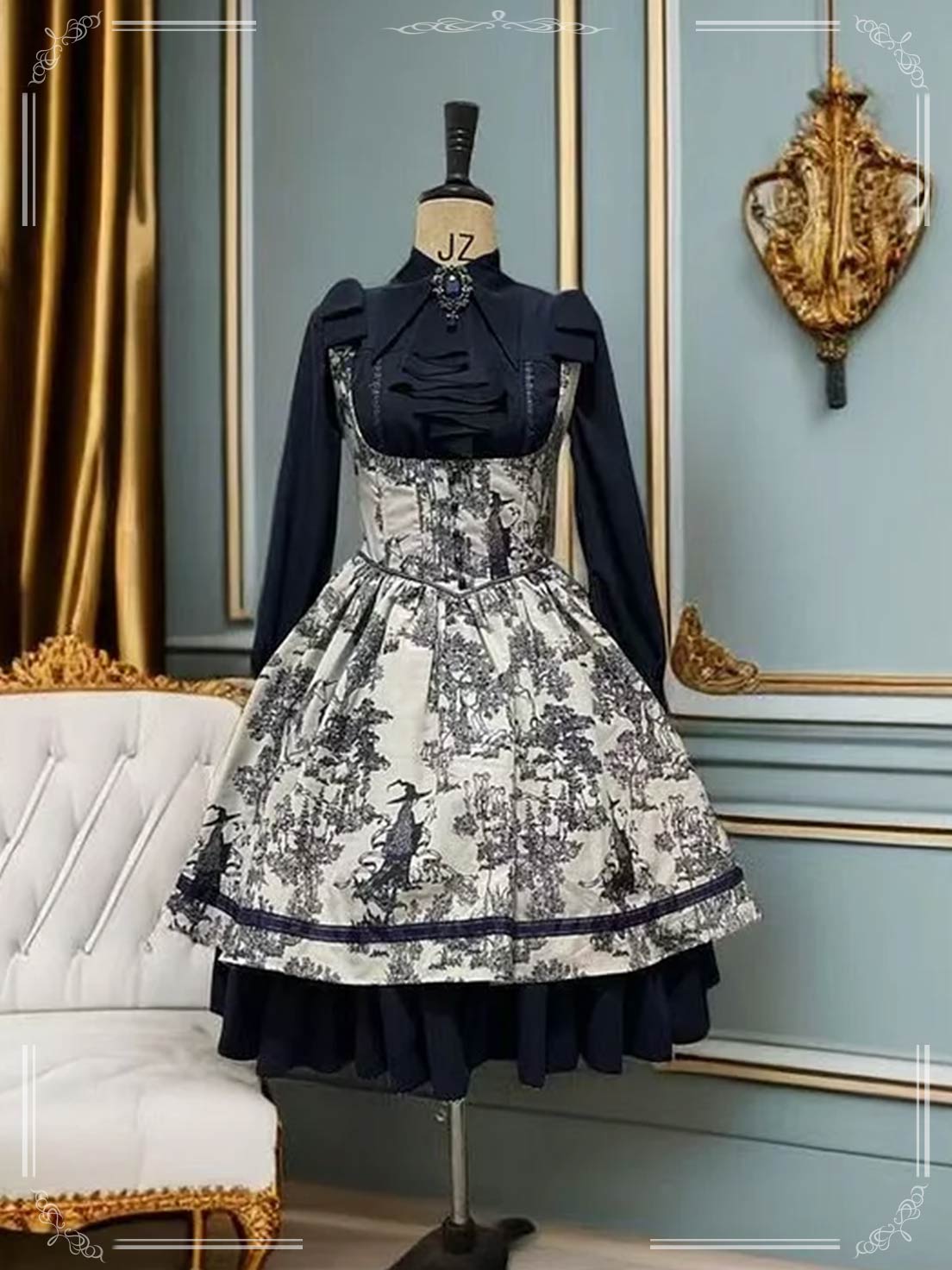 Classic Lolita Dress Toile Print JSK & Blouse - Vintage Navy Blue Palette