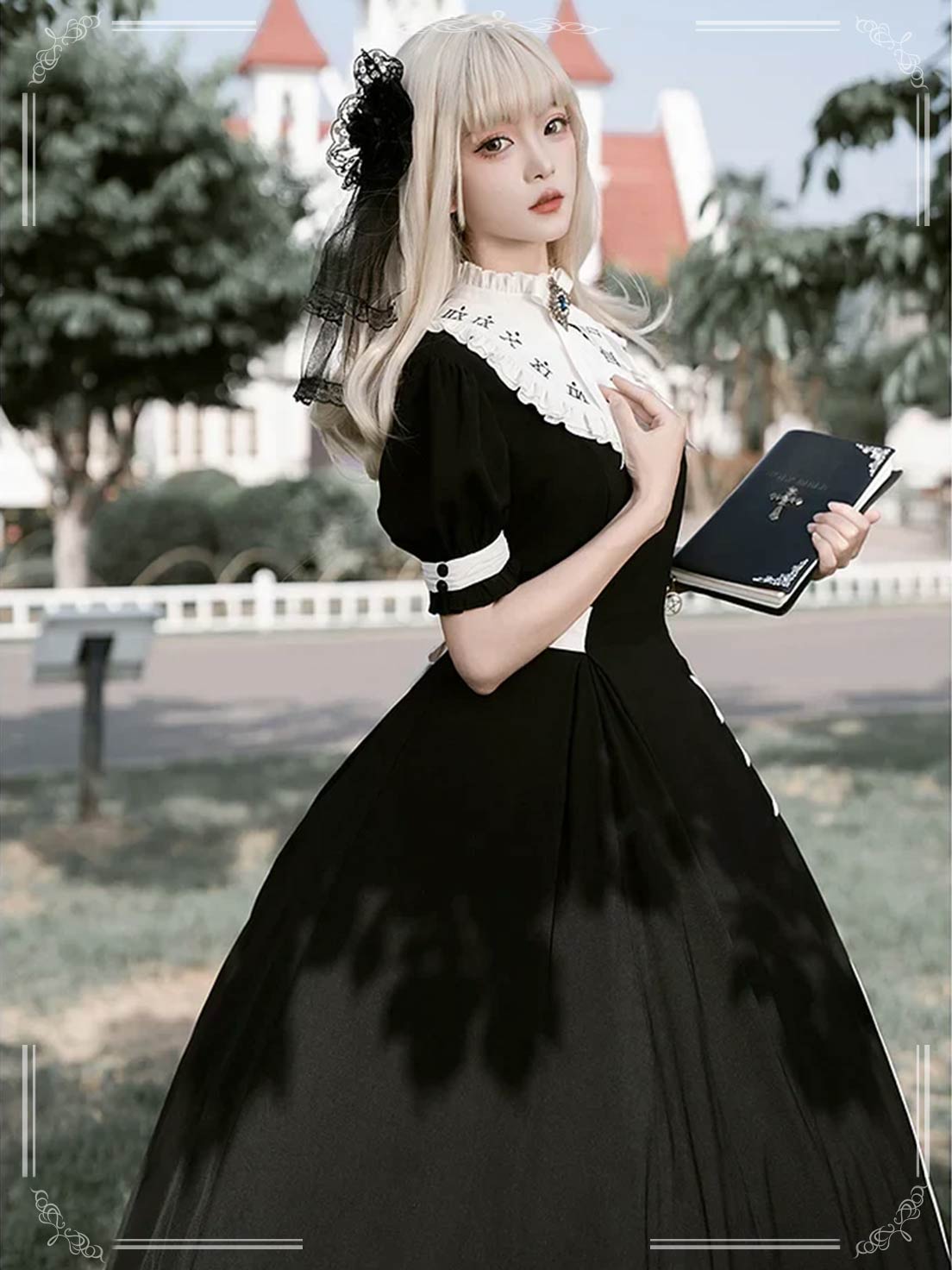 Nun Lolita Dress Black and White in maxi-dress length