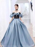 Princess Ball Gown Satin Evening Gown - Dusty Blue & Black Formal Style