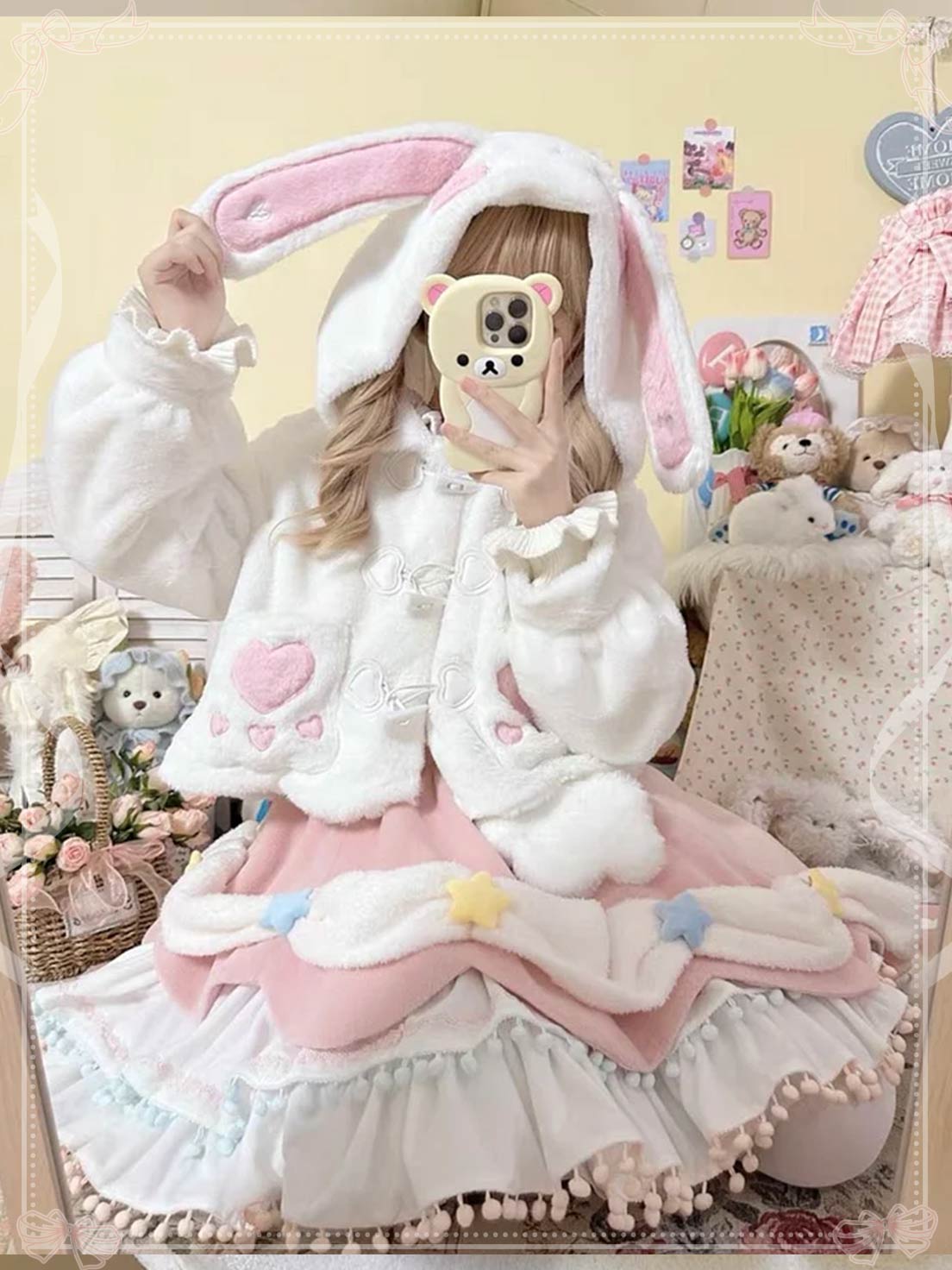 Cute Bunny's Ears Hooded Coat Winter Lolita Brushed Coat for Women